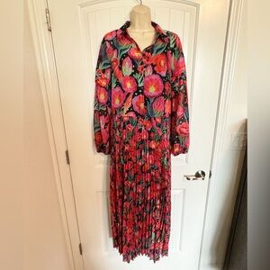 FARM Rio Floral Pink and Red pleated long sleeve Dress size small